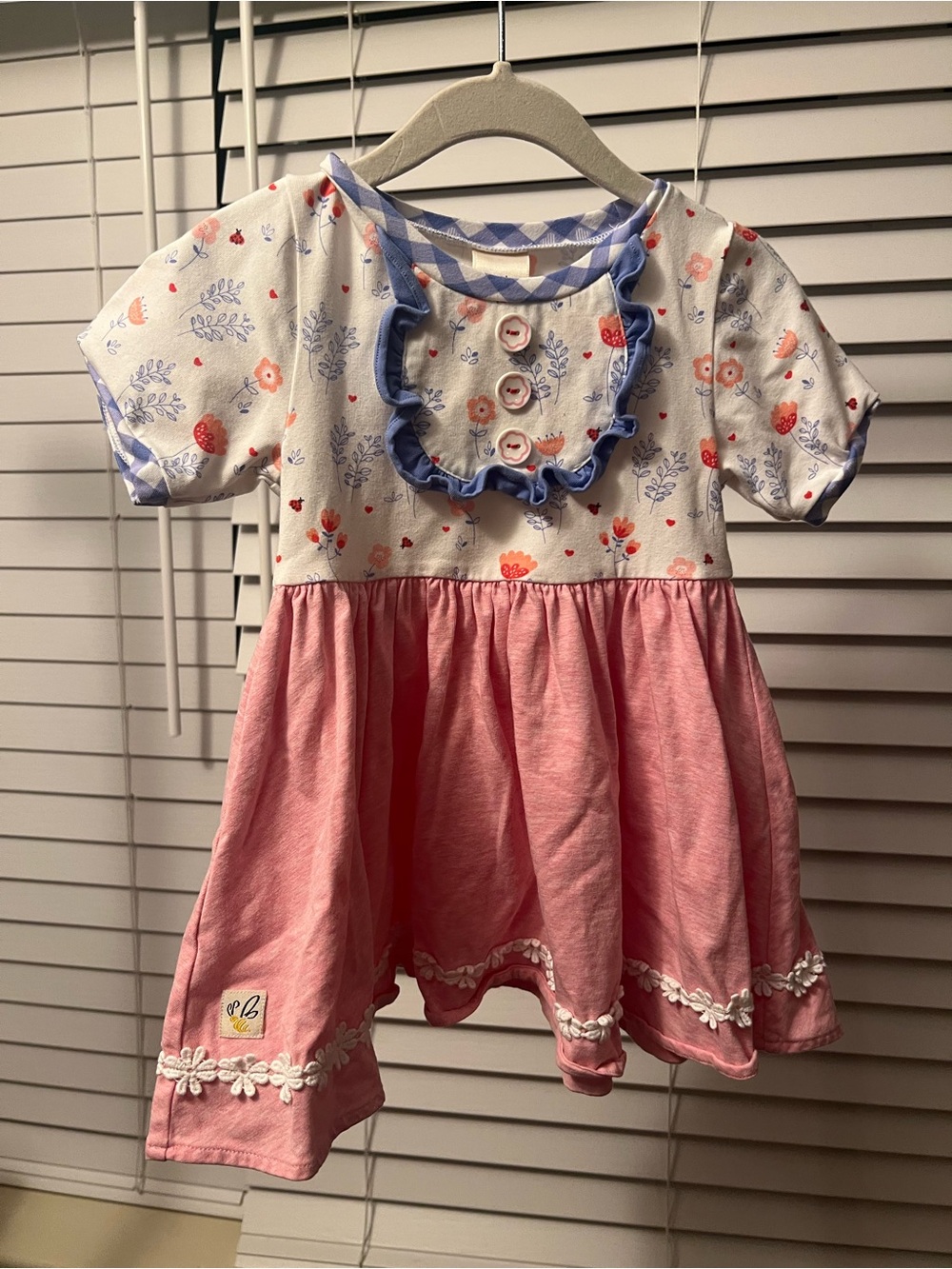 Wildflowers Pink & White Floral Ruffle Dress with Blue Trim
